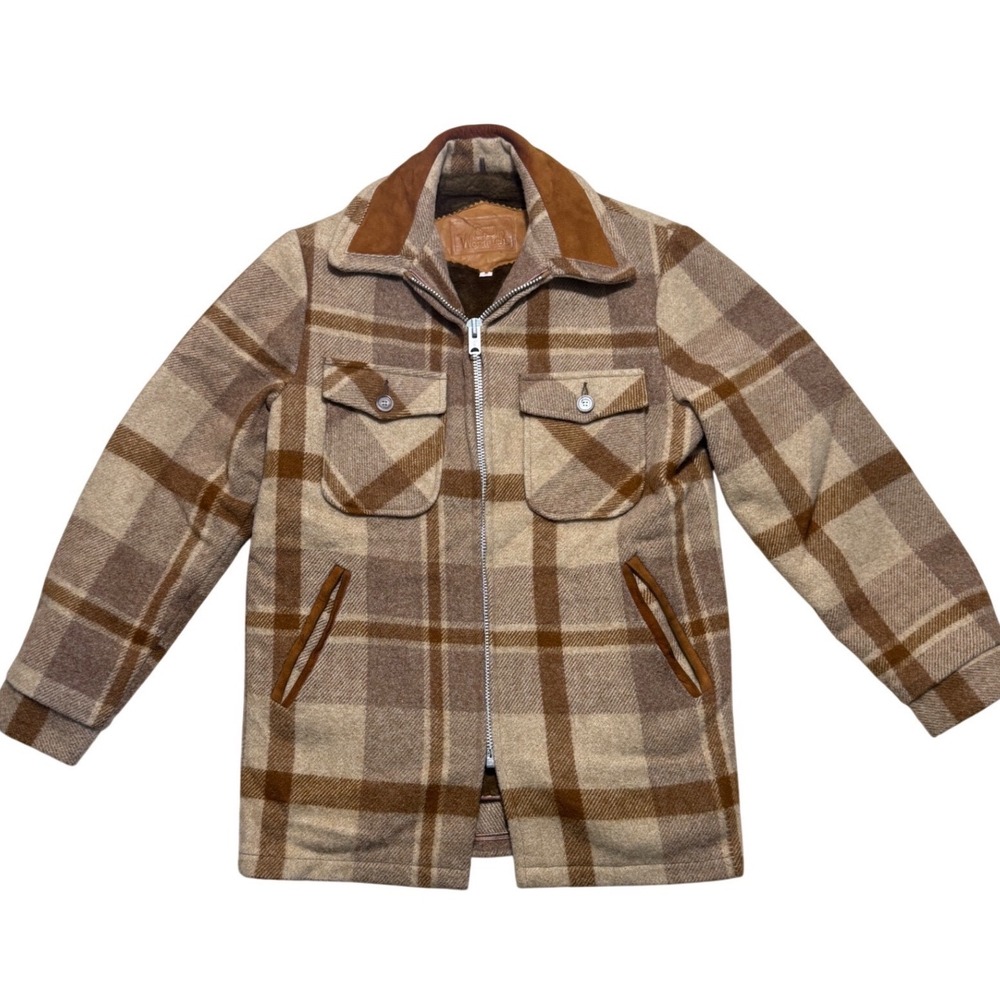 Vintage 1960s Woolrich Wool Plaid Jacket Brown Faux Fur Lined Talon Zip Mens S